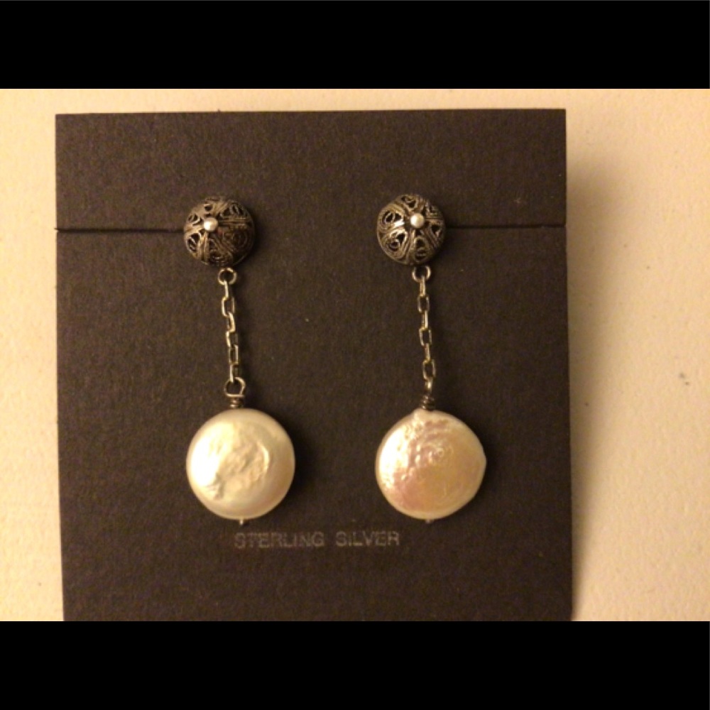 Sterling Silver 925 Dangle Pearl Pierced Earrings